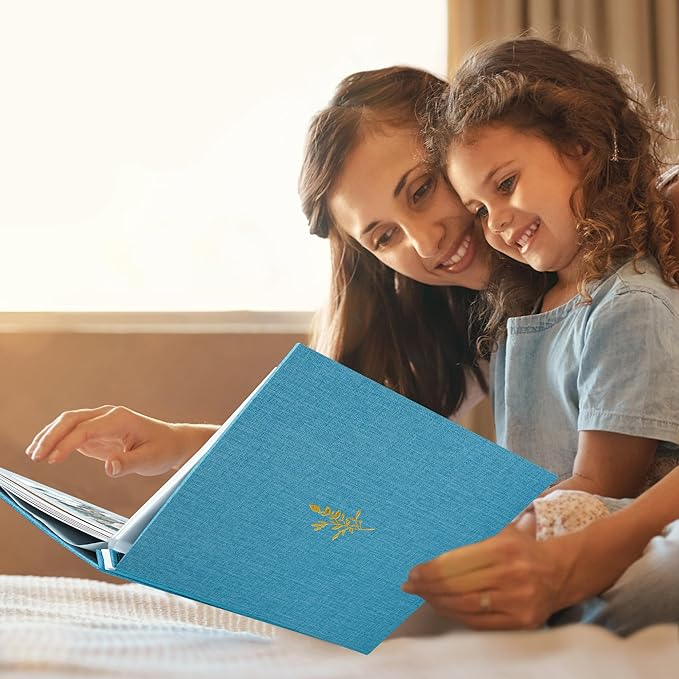 Self Adhesive Photo Album, Sky Blue Scrapbook Album with DIY 60 Blank Pages, Wedding Photo Album with A Metallic Pen for 4x6 5x7 2x3 Pictures, 10.6"x11"