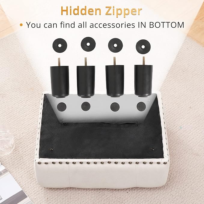 LUE BONA Small Tufted Foot Stool, Beige Rivet Fabric Ottoman with Plastic Legs, 9''H, Rectangle Footstool for Adult with Non-Slip Pads, Sofa Foot Rest for Living Room, Couch