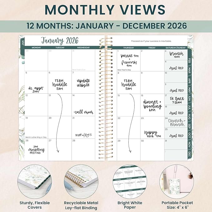bloom daily planners 2026 Pocket Planner - 4” x 6” - (January 2026 - December 2026) - MINI Weekly/Monthly Agenda Organizer & Calendar Book - Eucalyptus, White