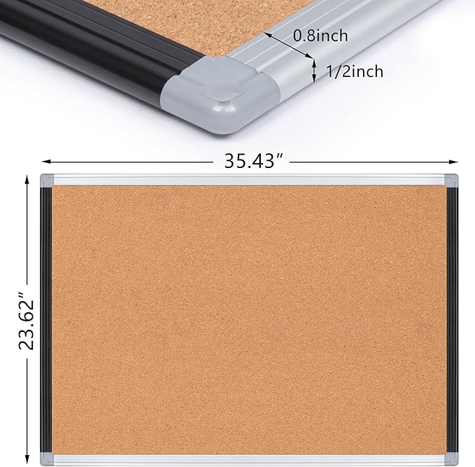 Board2by 2 Pack Cork Bulletin Board 24" x 36", Black/Silver Aluminium Framed Corkboard, Office Board for Wall Decor, Large Wall Mounted Notice Pin Board with 18 Push Pins for School, Home & Office