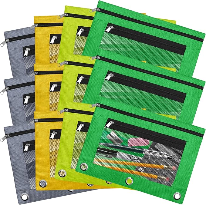 EXTRIC 3 Ring Binder Pencil Pouch with Clear Window, 12 Pack Pencil bags, 4 Color set, Durable Zippered Pouch with 2 Pockets for School Supplies