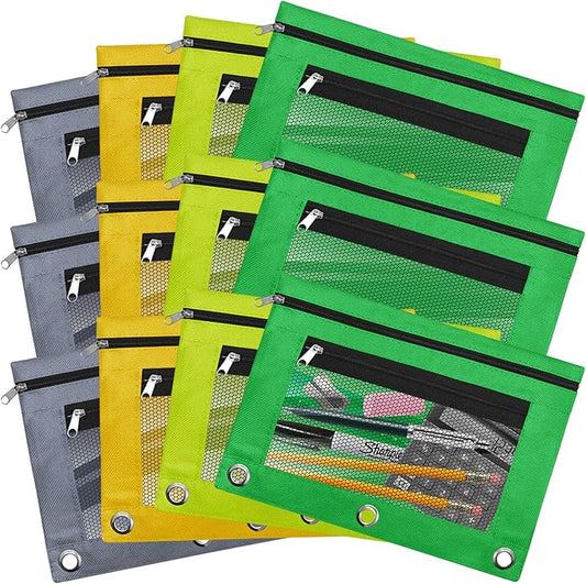 EXTRIC 3 Ring Binder Pencil Pouch with Clear Window, 12 Pack Pencil bags, 4 Color set, Durable Zippered Pouch with 2 Pockets for School Supplies