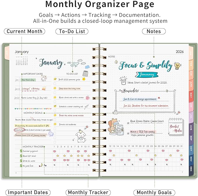 RETTACY 2026-2027 Monthly Planner, Jan 2026 - Dec 2027, Medium Size (5.7" x 8.3"), Agenda, Calendar, 24 Month Tabs, Flexible Plastic Cover, 100 GSM Thick Paper, Spiral-bound (Light Green)