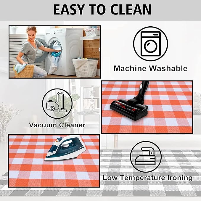 Orange and White Plaid Rug, 28'' x 43'' Fall Front Door Decor Mat, Cotton Washable Hand-Woven Door mat for Layered Doormat, Autumn Halloween Thanksgiving Carpet for Porch, Entryway