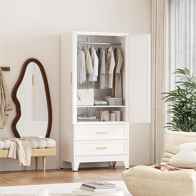 71'' Farmhouse Metal Wardrobe Cabinet with Hanging Rod, 2 Barn Door Wardrobe Closet with Adjustable Shelves,2 Drawer,for Dining Room,Bedroom,Living Room, Cloak Room,Office (White)