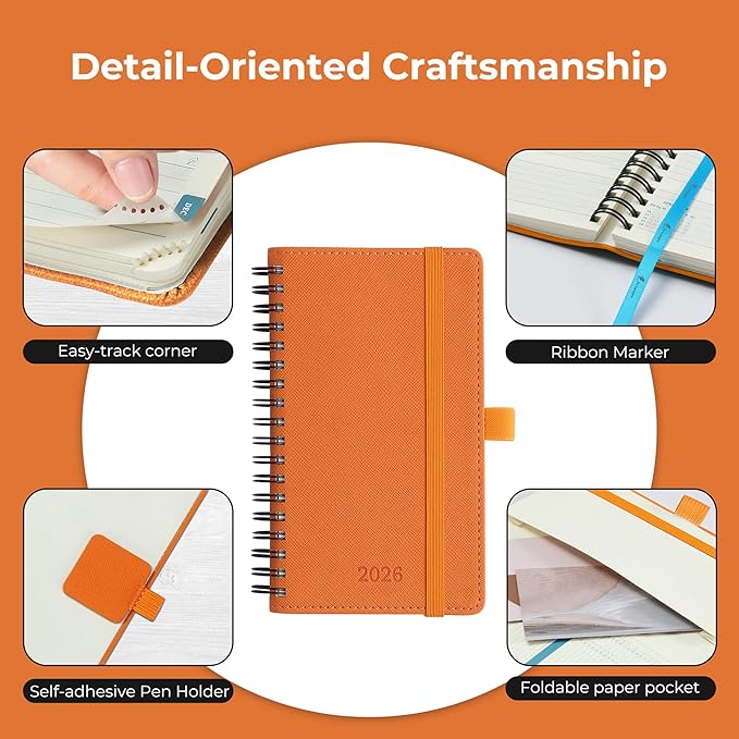 Planner 2026 Daily Weekly and Monthly,6.5"x3.75",12 Months Spiral Bound Calendar Agenda with Self-adhesive Pen Holder,2026 Appointment Book with Vegan Leather Soft Cover,Orange
