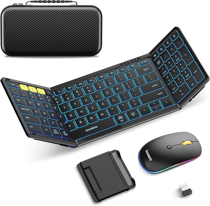 Samsers Foldable Keyboard and Mouse, Folding Bluetooth Keyboard Mouse Combo with Backlight, 2.4G + BT5.0 x 2, Full-Size Travel Keyboard & Portable Wireless Mouse for Windows/Android/iOS/Mac OS, Black