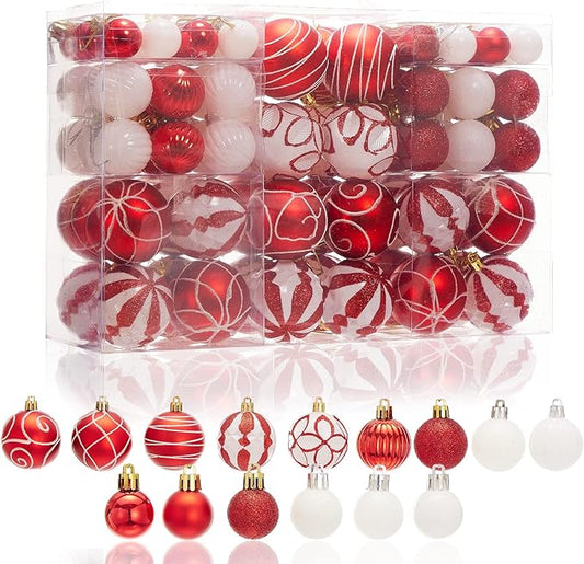 100Pcs Elegant Christmas Balls Set Christmas Tree Ornaments with Glitter and Patterns Bulk Ornaments for Tree as Festive Christmas Decor Xmas Ball Set Red White