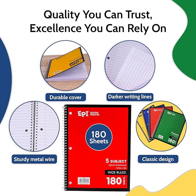EPI Spiral Notebook | 5 Subject - Wide Ruled - 180 Sheets, Durable Spiral Binding | 10.5 x 8 in | Classroom Supplies | School, Office, Note Taking, Journaling - 3 Pack
