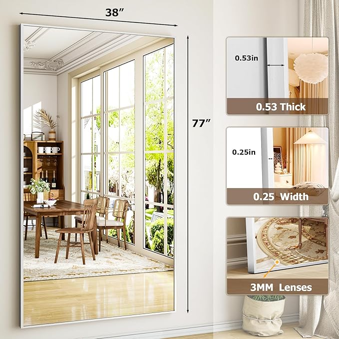 Full Length Mirror with Stand 38"x77" Full Body Mirror Floor Mirror Standing Hanging or Leaning Wall, Wall Mirror with Stand Aluminum Alloy Frame for Living Room Bedroom Cloakroom,Silver