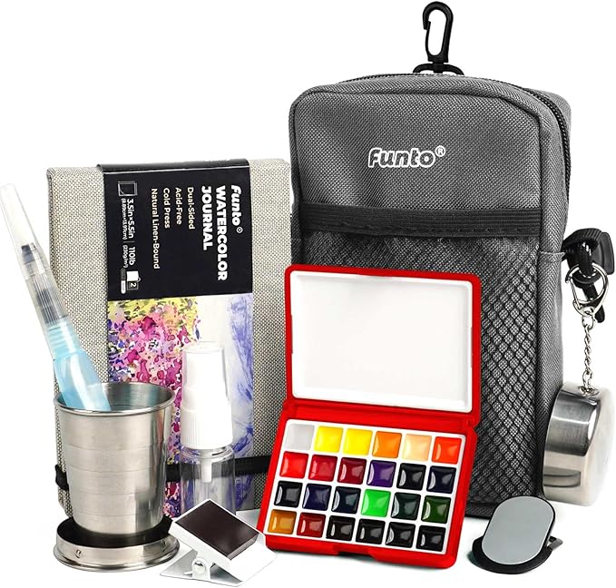 Funto Mini Watercolor Paint Set, All-In-One 24-Color Travel Paint Kit, with Crossbody Bag, Watercolor Journal, Paint Water Cup, Pocket Set for Artists