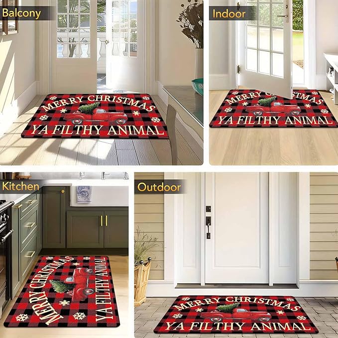 InterestPrint Merry Christmas Buffalo Plaid Truck Doormat, Red Plaid Door Mats with Non-Slip Backing Welcome Matt Outdoor Non Slip Rubber Entry Doormat Entrance Mat, 18" x 30"Inch