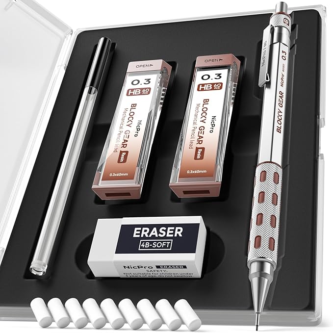 Nicpro Blocky Gear 0.3 mm Mechanical Pencils Set in Case, Metal Pencil with Lead Refills, Eraser for Professional & Adult Art Writing Drafting Drawing