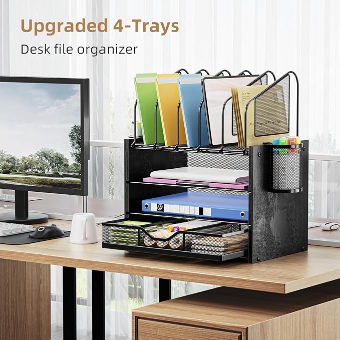Marbrasse Desk organizer with Drawer, 4-Tier Wooden File Organizer with 5 Vertical File Holders and 2 Pen Holders, Desk Organizers and Accessories for Home Office - Black