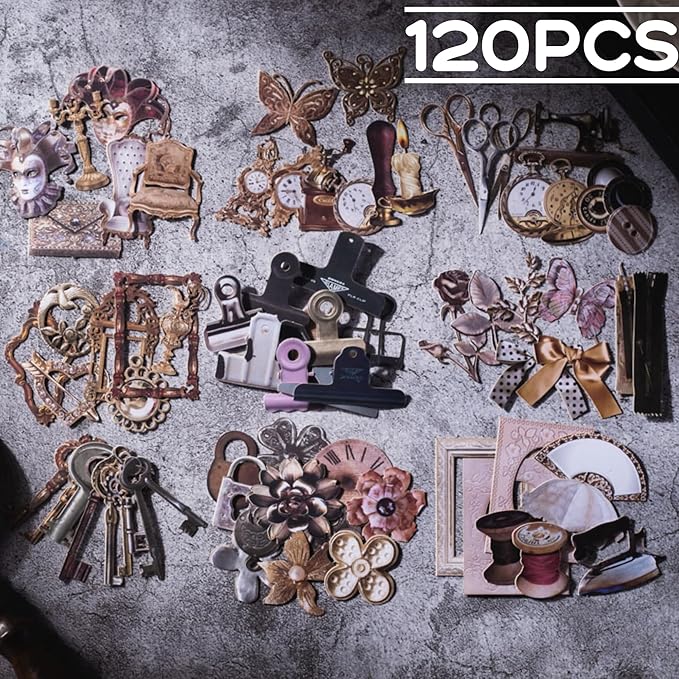 120 Pcs Vintage Scrapbooking Supplies for Junk Journal, Creative DIY Journaling Kit, Thick Cardstock Ephemera Paper for Decoration and Collage