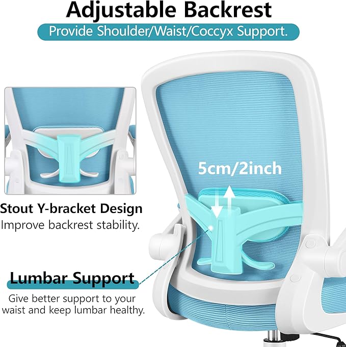 FelixKing Office Chair, Ergonomic Desk Chair Breathable Mesh Chairs with Adjustable High Back Lumbar Support Flip-up Armrests, Executive Swivel Comfy Task Computer Chairs for Home Office Blue