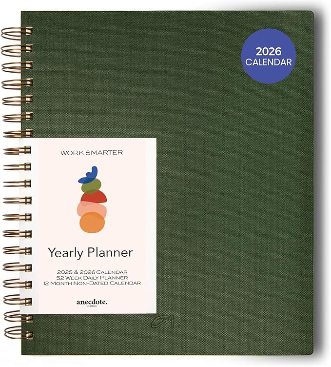Anecdote 2026 Planner (8.5" x 10") Daily Planner Weekly Monthly Planner - 52 Weeks w/Library Buckram Cover, Brass Spiral - A4 Size Bleed-Resistant Paper – Evergreen