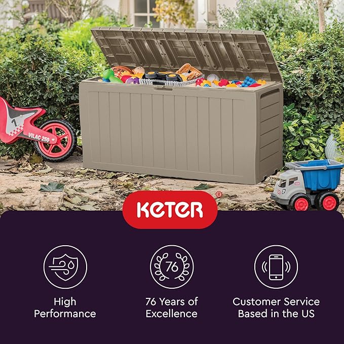 Keter Marvel Plus 71 Gallon Resin Deck Box-Organization and Storage for Patio Furniture Outdoor Cushions, Throw Pillows, Garden Tools and Pool Floats, Beige