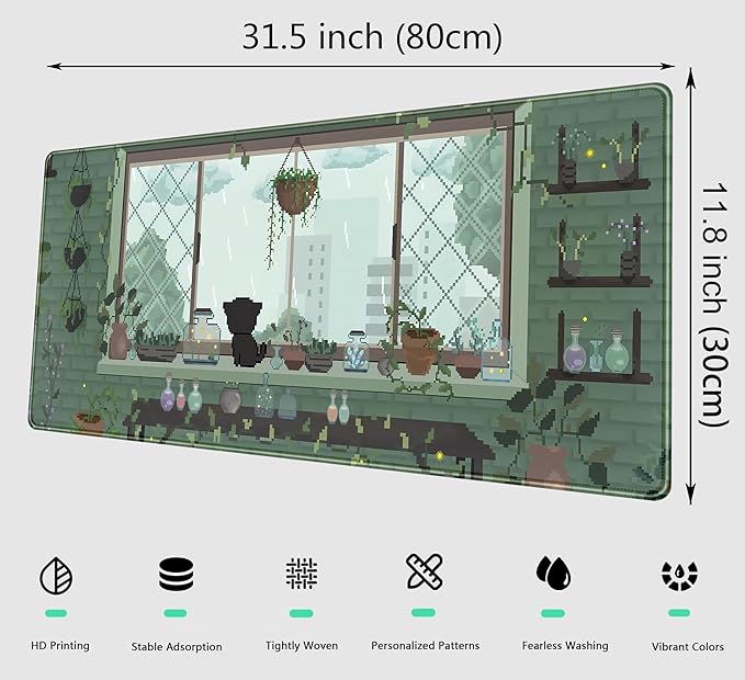 Green Kawaii Desk Mat Mousepad Pixel Plant Mouse Pad Gaming XL Large Desk Pad Anime Cat Desk Matt for Desktop, Computer Laptop Keyboard and Mouse Mat for Women Office Decor Accessories 31.5x11.8 in