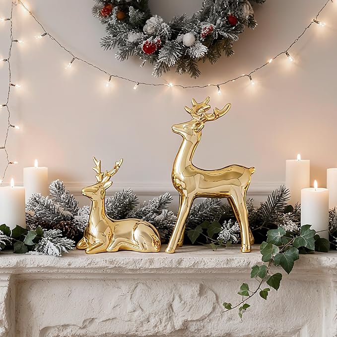 WDS WONDROUS Christmas Decorations Reindeer Figurines, Gold Set of 2 Ceramic Reindeer Statues Xmas Decor Indoor, Christmas Deer Figurines, Deer Decor for Tabletop Home Bedroom Winter Living Room