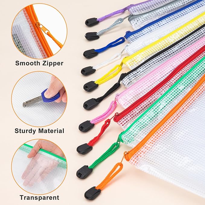 100Pack Mesh Zipper Pouch Bags, Waterproof A4 Letter Size Document Zipper Pouches for Storage, Teacher School, Toys, Puzzle, Office, 10 Colors