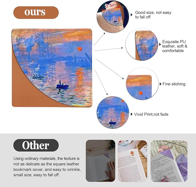 Monet Oil Painting Corner Bookmarks 4 Pcs, Cute Leather Book Accessories for Book Lovers, Reading Book Page Markers for Women Gifts (Water Lilies Irises Japanese Bridge Impression Sunrise)