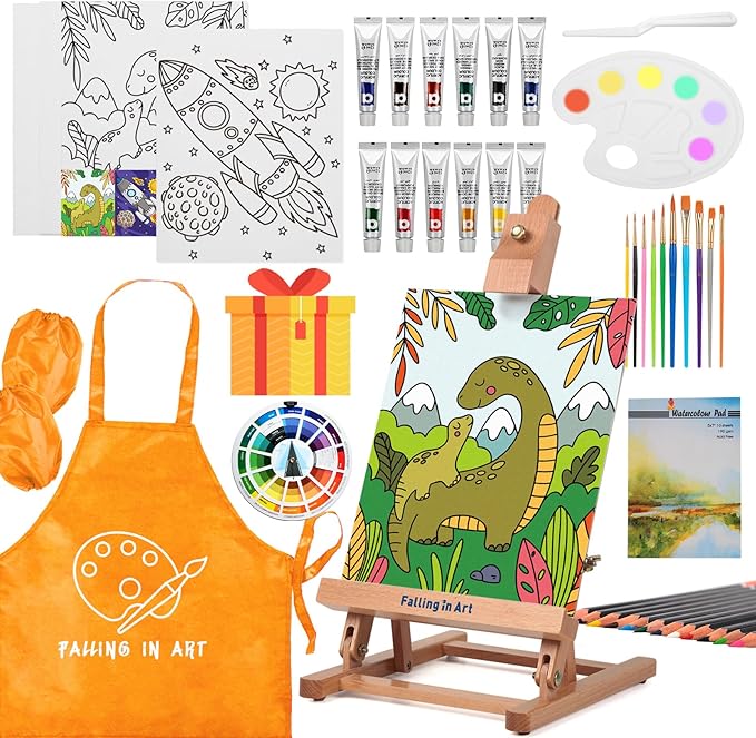 Falling in Art Tabletop Easel Set, Portable Wooden Art Easel Painting Kits for Kids, Easel for Painting Canvases, Including 12 Colors Acrylic Paints, 10 Paintbrushes and 4 Canvas Panels, Yellow
