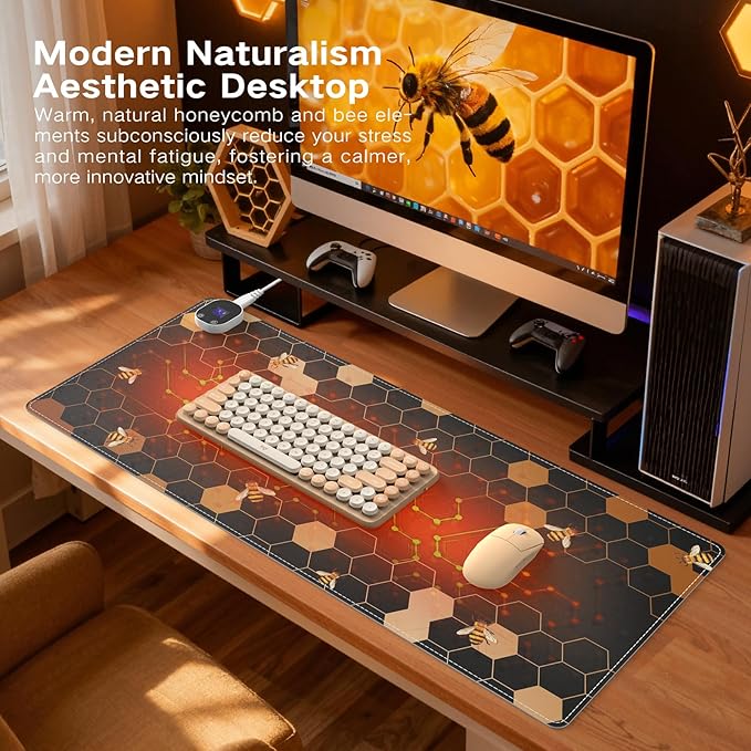 iCasso Heated Desk Pad, XXL Heated Mouse Pad Hand Warmer, 35.4" x 15.7" Warm Desk Protector Mat with 4 Heating Levels for Computer Keyboard, Large Mousepad for Home Office Work (Honeycomb)