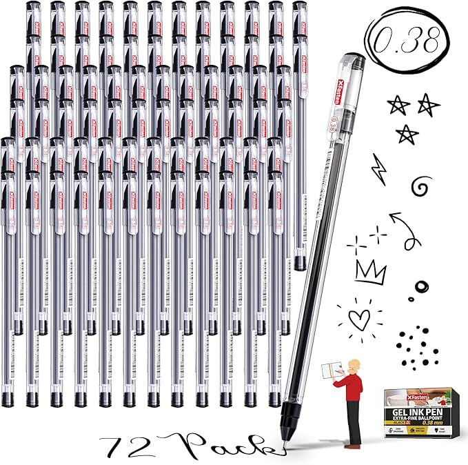 XFasten 0.38mm Gel Pens 72-Pack Japanese-Style Extra-Fine Black Gel Ink Ballpoint, Smooth Ink Flow, Smudge-Free, Quick-Drying, No Smear for Journaling, Note-Taking, Office, and School