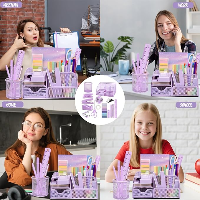 Purple Desk Accessories, 17Pcs Purple Office Supplies Set Include Mesh Desk Organizer, Stapler, Tape Dispenser, Staple Remover, Pen Holder, Clips, Pens, Ruler, for Office Home School Women