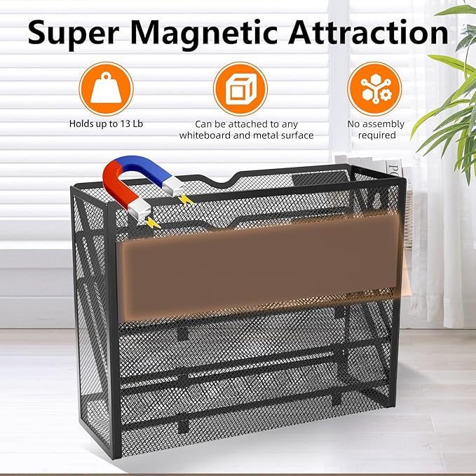 4 Tier Magnetic File Holder, Large Capacity Mesh Hanging Wall Organizer Vertical Magnetic Hanging File Organizer, Magnetic File Folder Holder for File Cabinets, Office, Whiteboard (Black)