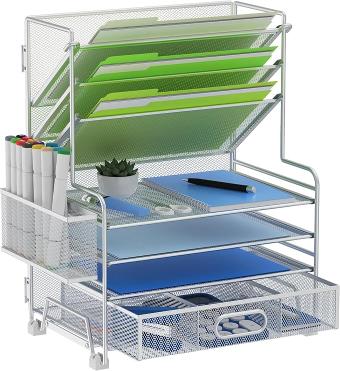4-Tier Paper Organizer + 3-Pocket File Holder + Drawer + Pen Holders, Desktop File Organizers Paper Tray for Office Supplies School Classroom Organization (Silver, with Drawer & Pen Holder)