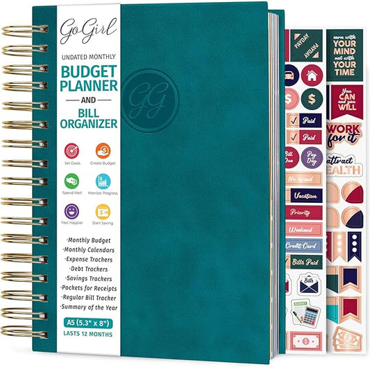 GoGirl Budget Planner & Monthly Bill Organizer – Monthly Financial Book with Pockets. Expense Tracker Notebook Journal, Compact (Dark Teal)