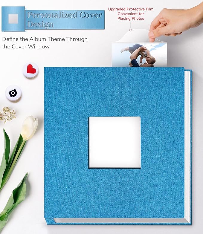 Photo Album Self Adhesive Scrapbook Album for 3x5 4x6 5x7 8x10 Pictures,60 Pages Linen Cover with Display Window DIY Photo Book,Ideal Gifts for Family Travel Wedding Baby