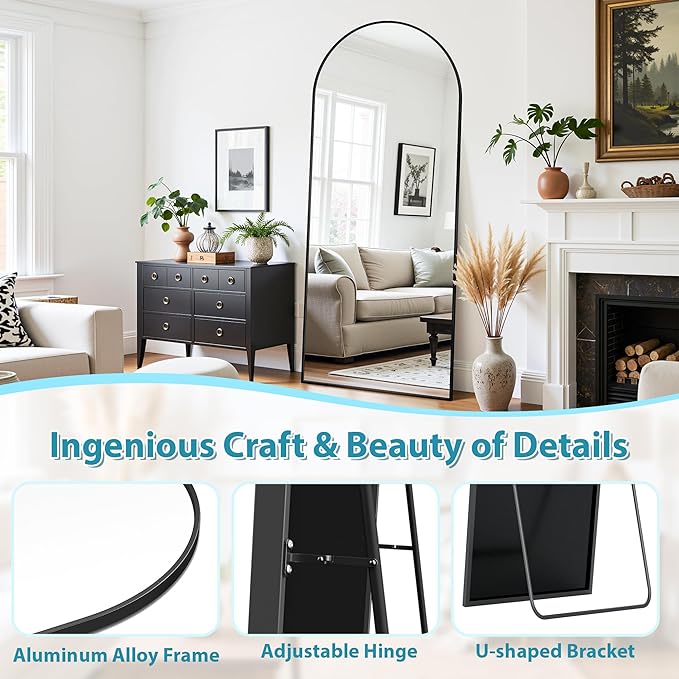 Full Length Mirror, 68"x26" Oversized Floor Mirror Freestanding, Full Body Mirror Floor Standing Mirrors with Stand, Hanging Mounted Mirrors for Bedroom Living Room, Black, Arched Style