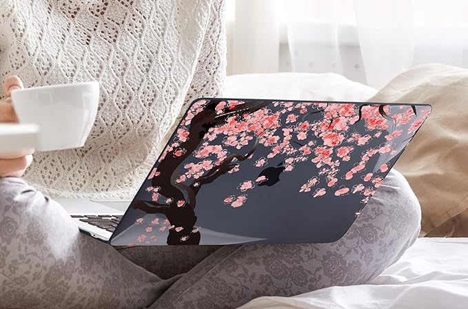 DONGKE MacBook Case for MacBook Air 13 inch M1/A2179/A1932, Crystal Black Hard Shell Cover with Cherry Blossom Pattern, Touch ID & Retina Display Compatible