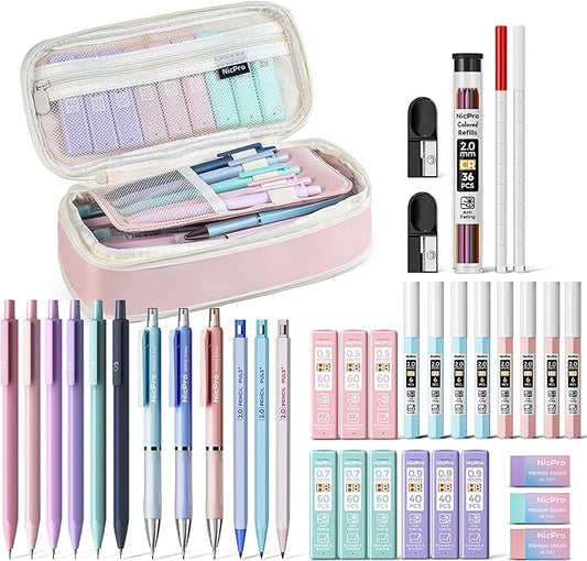 Nicpro 38PCS Aesthetic School Supplies, Cute Mechanical Pencils 0.5, 0.7, 0.9 & 2.0 mm with 564PCS Lead Refills, Pastel Mechanical Pencil Set for Students Girls Writing Drawing Drafting - Pink Case
