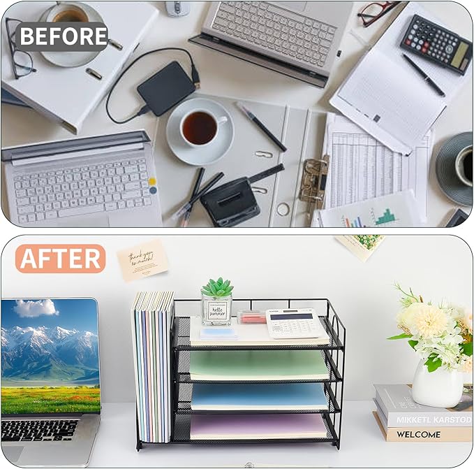 OPNICE 4-Tier Paper Organizer with Magazine Holder, Desk Organizers and Accessories, Office Desk Accessories & Workspace Organizers, Desktop File Organizer for Office Supplies Storage, Black