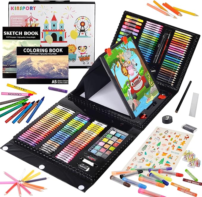 KINSPORY Art Kit, 290 Pack Art Sets Crafts Drawing Coloring kit, Double-Side Trifold Easel, Oil Pastels, Crayons, Colored Pencils, Creative Gift for Beginners Artists Girls Boys Kids (Black)