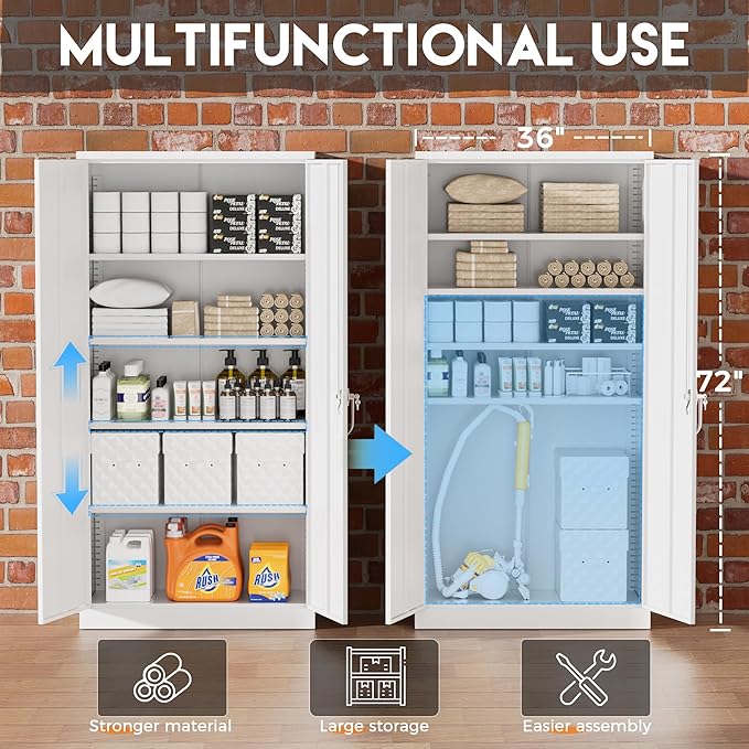 Greenvelly White Metal Storage Cabinets 72” Garage Steel Storage Cabinet with Doors and Shelves, Metal File Organization for Home Office, Basement, Warehouse, Classroom（Anti Ttipping）