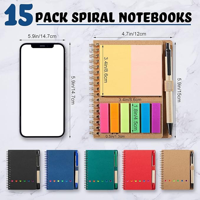 15 Pack Spiral Notebook Steno Pads Notepad with Pen in Holder Sticky Notes and Page Marker Colored Index Tabs Small Pocket Notebooks for Office School Supplies, 4.7 x 5.9 Inch