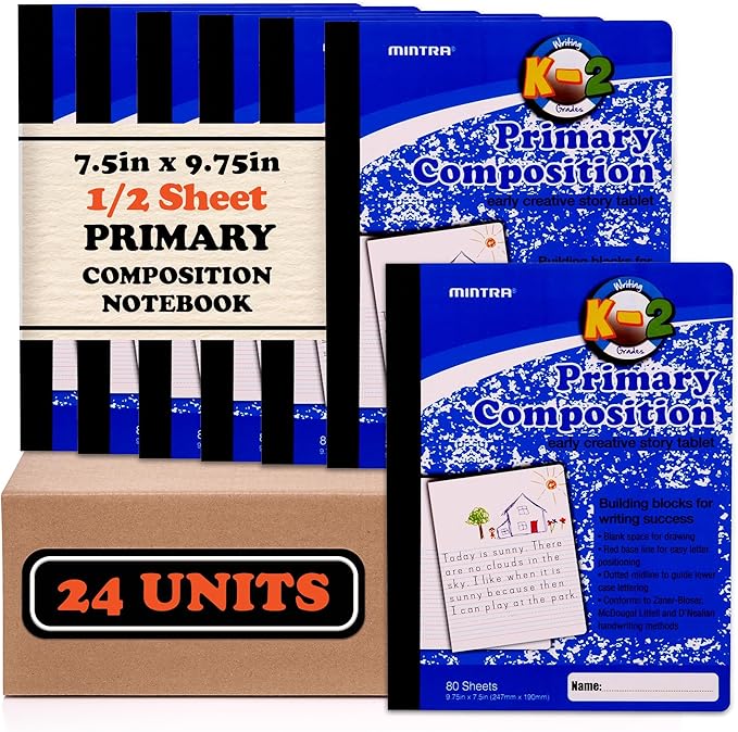 Mintra Primary Composition Notebook, 24 units 6-4 Pack, Blue Cover, 80 Sheets, 7.5in x 9.75in, 1/2 Sheet, Ruled with Drawing Area, Flexible Hardcover Journal, Grades K-2, School & Home Use