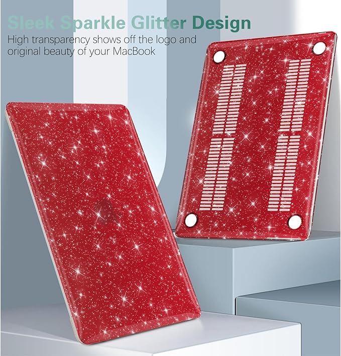 KEROM Red Glitter Case for MacBook Air 13 inch 2022-2018 M1 A2337 A2179 A1932, Glitter MacBook Air M1 Case - Shiny Bling Sparkle Plastic Hard Shell & Keyboard Cover for Mac Air 13.3 inch, Wine Red