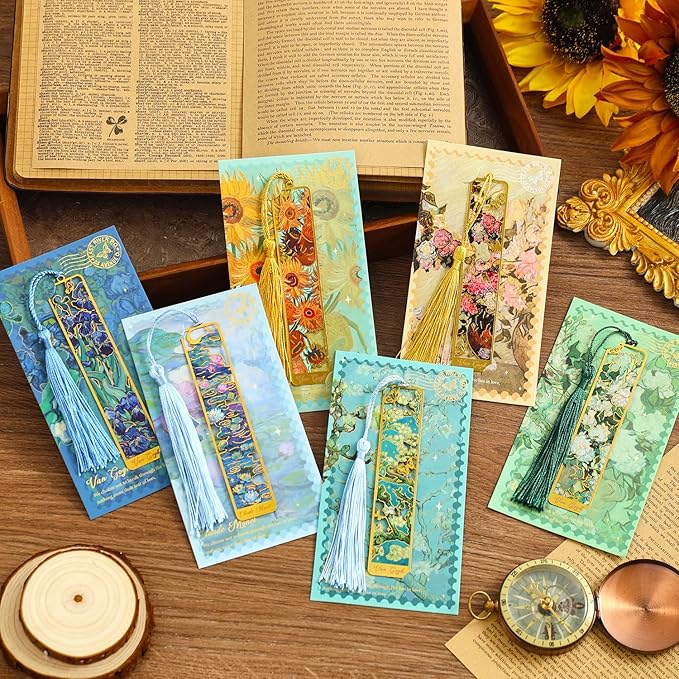 6 Pieces Metal Bookmarks with Tassel, Golden Hollow Bookmark Oil Painting Theme Book Mark Bookmarks for Book Lovers Writers Readers Children Teens Men Women Adults