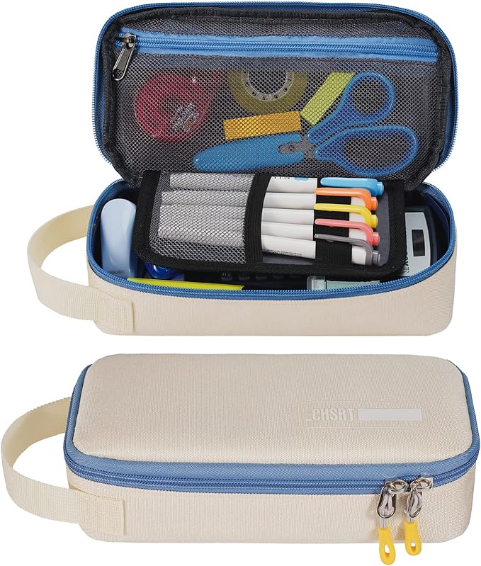 ECHSRT Pencil Case for Men Women, Large Pen Bag for Adults, Portable Pencil Pouch Aesthetic with Handle, Zipper Cases for Office Organizer Beige