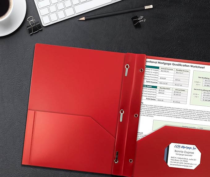 Better Office Products Red Plastic Folders with Pockets and Prongs, Letter Size, 24 Pack, Heavyweight Poly Prong Folders, Red Plastic with 3 Metal Fastener Clips