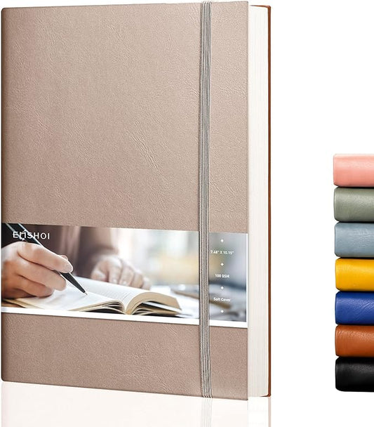 EMSHOI Dotted Journal Bullet Notebook,192 Numbered Pages B5 Large Dot Grid Composition Notebook with 100gsm Thick Dotted Paper, Softcover Leather, Inner Pocket, 7.48"x10.15"-Khaki