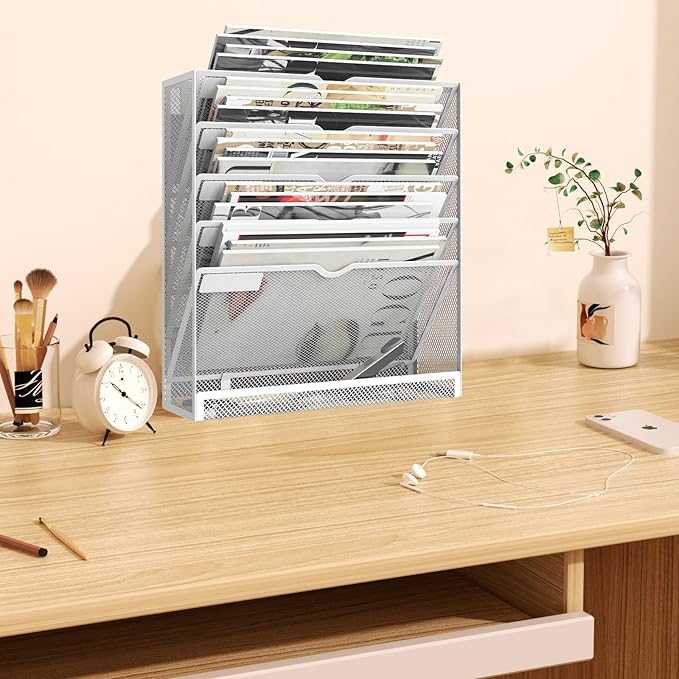 6 Tier Magnetic File Holder, Large Capacity Mesh Hanging Wall Organizer Vertical Magnetic Hanging File Organizer, Magnetic File Folder Holder for File Cabinets, Office, Whiteboard (White)