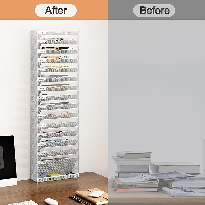 16 Tier Hanging Wall File Holder, Metal A4 Wall Mounted Document Holder, Vertical Hanging Mail Organizer, Magazine Storage Rack with Tray for Office Home Classroom, White