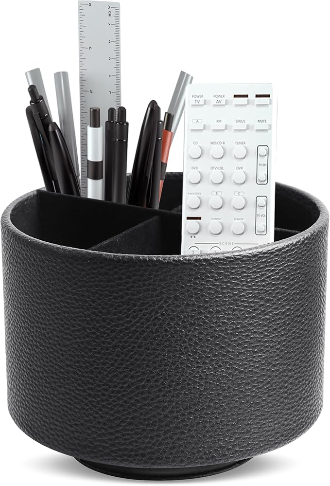 Hennaja Round Leather Art Supply Organizer,Remote Control Holder,360 Degree Spinning,Multi-Functional Pencil Holder,4 Compartments Desktop Stationary Organizer(1-Lichee Black)